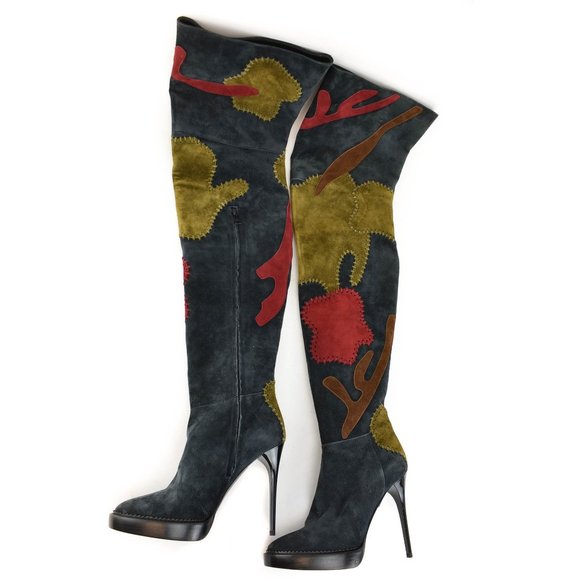 BURBERRY Prorsum: Navy Blue, Patchwork "Allison" Over The Knee Boots - Picture 3 of 10